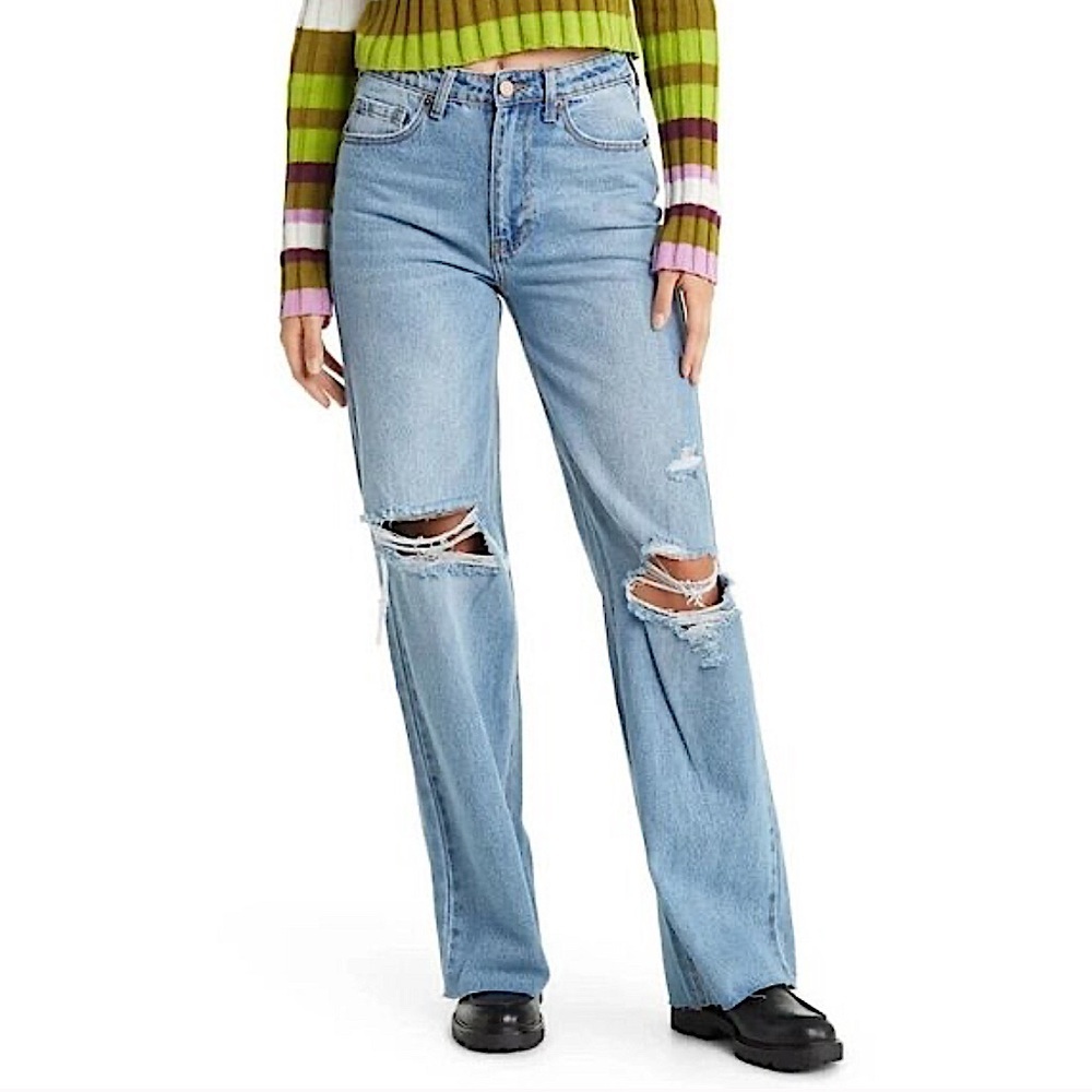 Abound | Women’s Medium Blue Denim Distressed Knees Raw Hem Wide Leg Jeans Sz 30